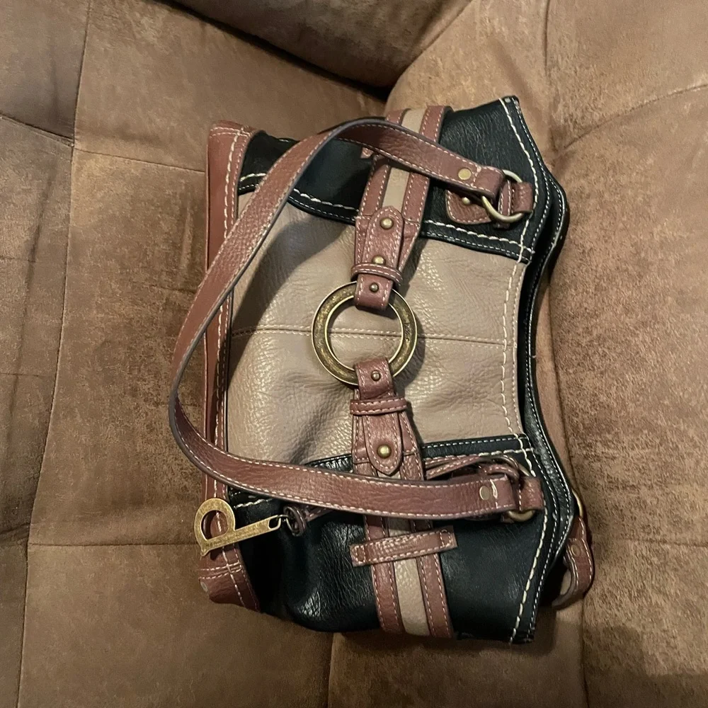 boc Two-Tone Leather Shoulder Bag in Black, Taupe & Brown - Picture 1 of 9